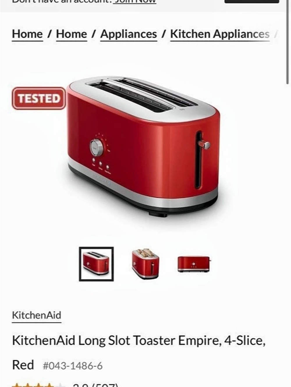 KitchenAid Long Slot Toaster Empire, 4-Slice Red Toaster Like New